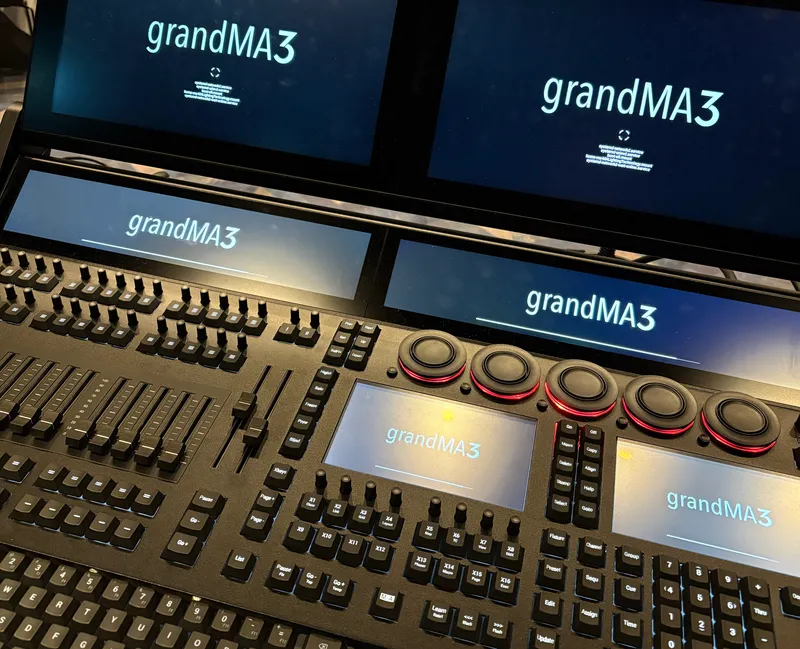 grandMA3 lighting console with its screens lit up, ready for a hands-on training session.