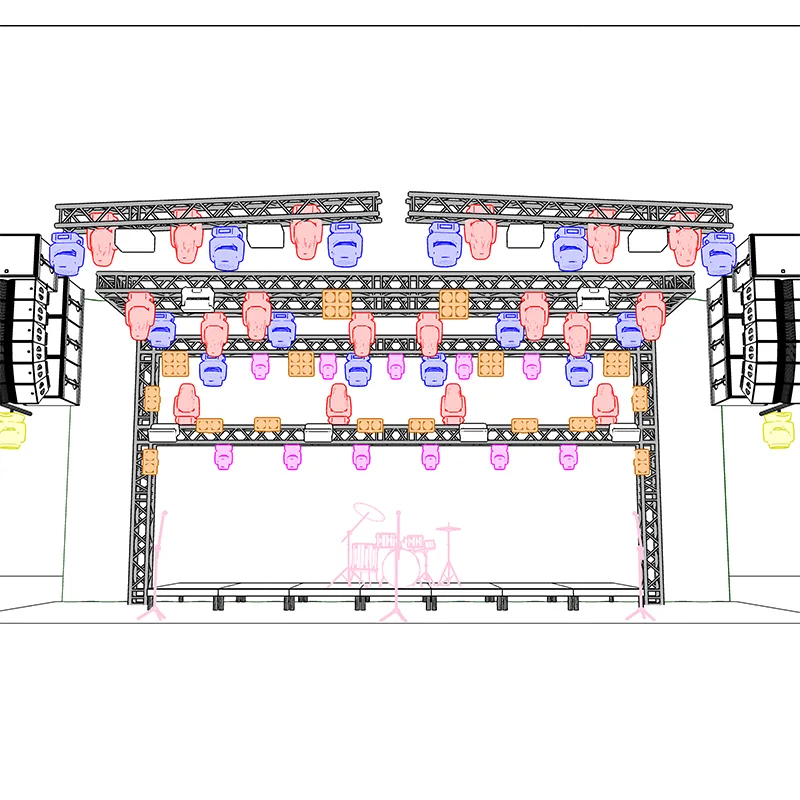 3D CAD pre-visualization render of a concert stage lighting rig showing flown trusses, PA systems, and fixture placements.
